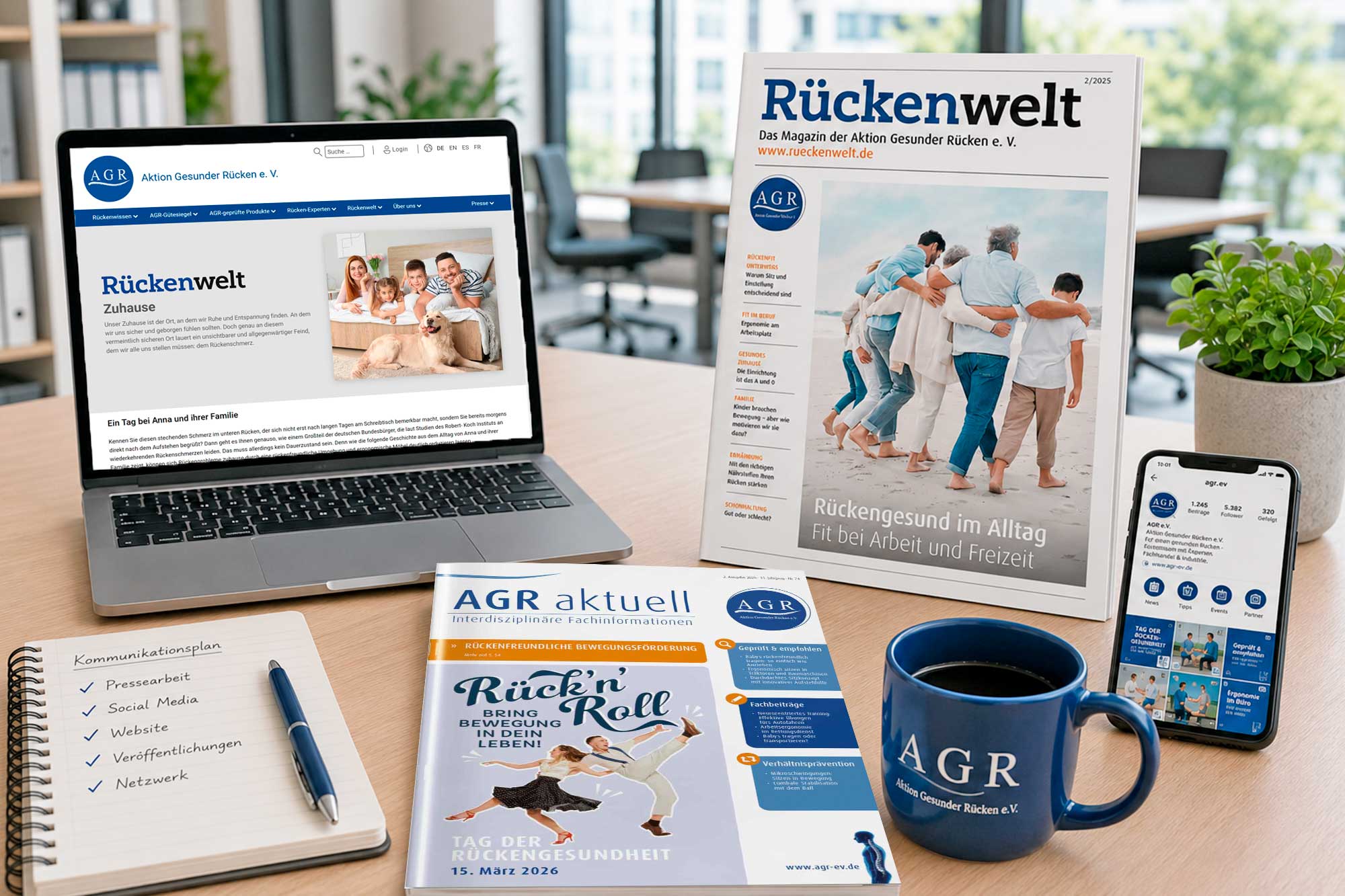 AGR-Kommunikationsmaterialien mit Rückenwelt, AGR aktuell und digitalen Medien