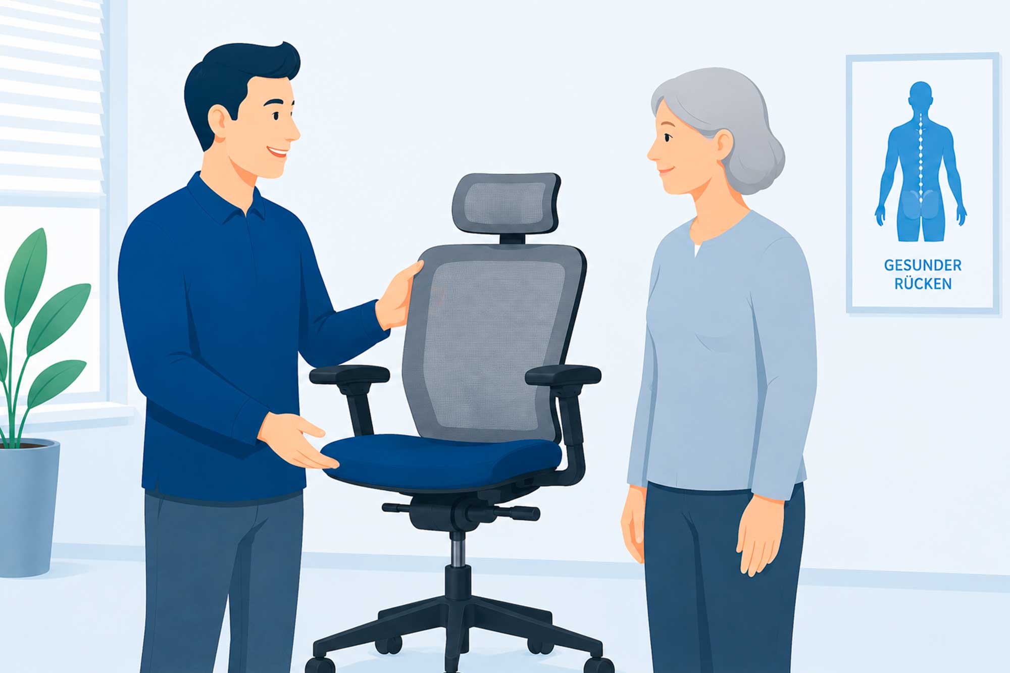 Beratungsgespräch zu ergonomischen Anforderungen eines Bürostuhls