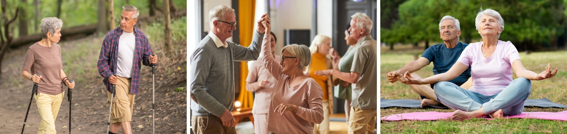 Ältere Menschen sind beim Nordic Walking, Tanzen und bei Entspannungsübungen im Freien aktiv.