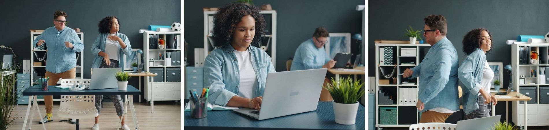Personen arbeiten am Laptop im Büro und bewegen sich zwischendurch bei einer aktiven Pause am Schreibtisch