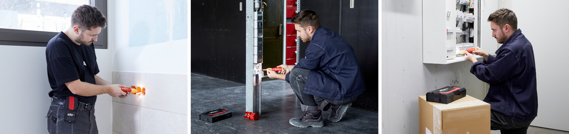 Handwerker beim Arbeiten mit einem Schraubendreher an Steckdosen, einem Türrahmen und einem Elektroschaltkasten.