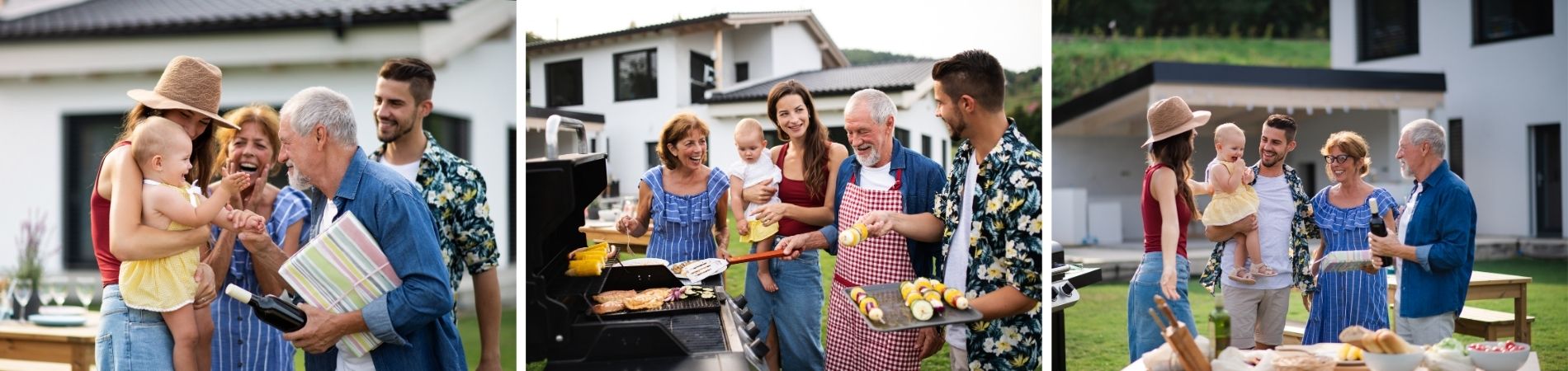 Dreiteilige Bildcollage einer Mehrgenerationenfamilie beim Grillfest im Garten vor einem Haus.