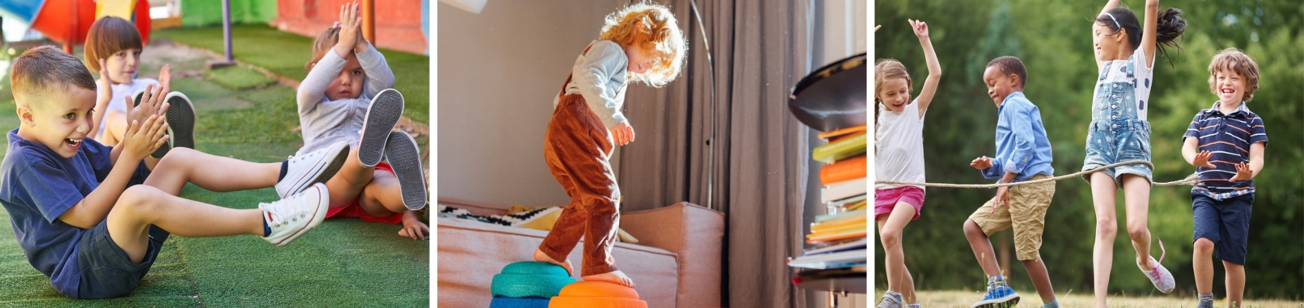 Kinder bewegen sich beim Spielen drinnen und draußen mit Balanceübungen, Bewegungsspielen und Seilspringen.