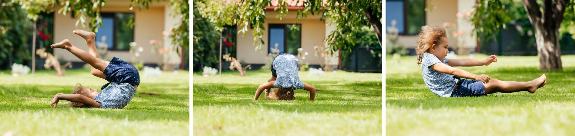 Kind macht auf einer Wiese mehrere Purzelbaum- und Bewegungsübungen im Garten und spielt im Freien.