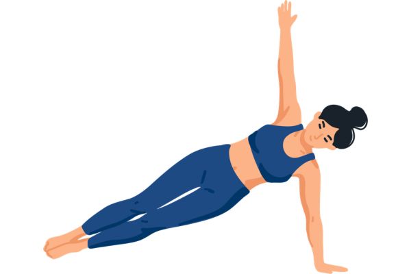 Illustration einer Person im Seitstütz mit ausgestrecktem Arm zur Kräftigung der Rumpfmuskulatur.