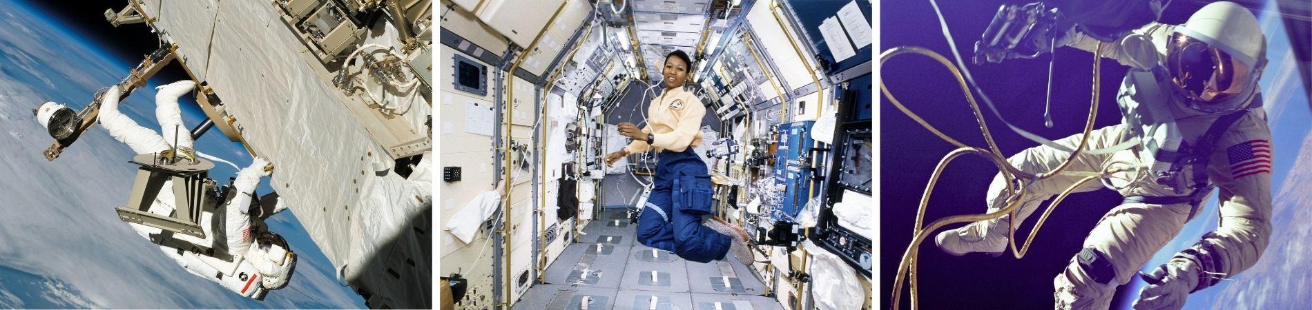 Collage mit Astronautinnen und Astronauten beim Training und Arbeiten in einer Raumfähre unter Schwerelosigkeit.