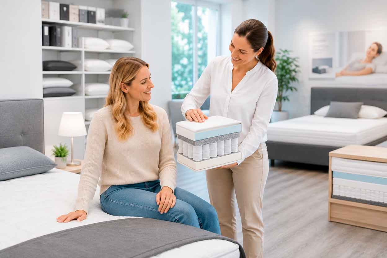 Fachberaterin erklärt Kundin den Aufbau einer ergonomischen Matratze im Bettenfachgeschäft.