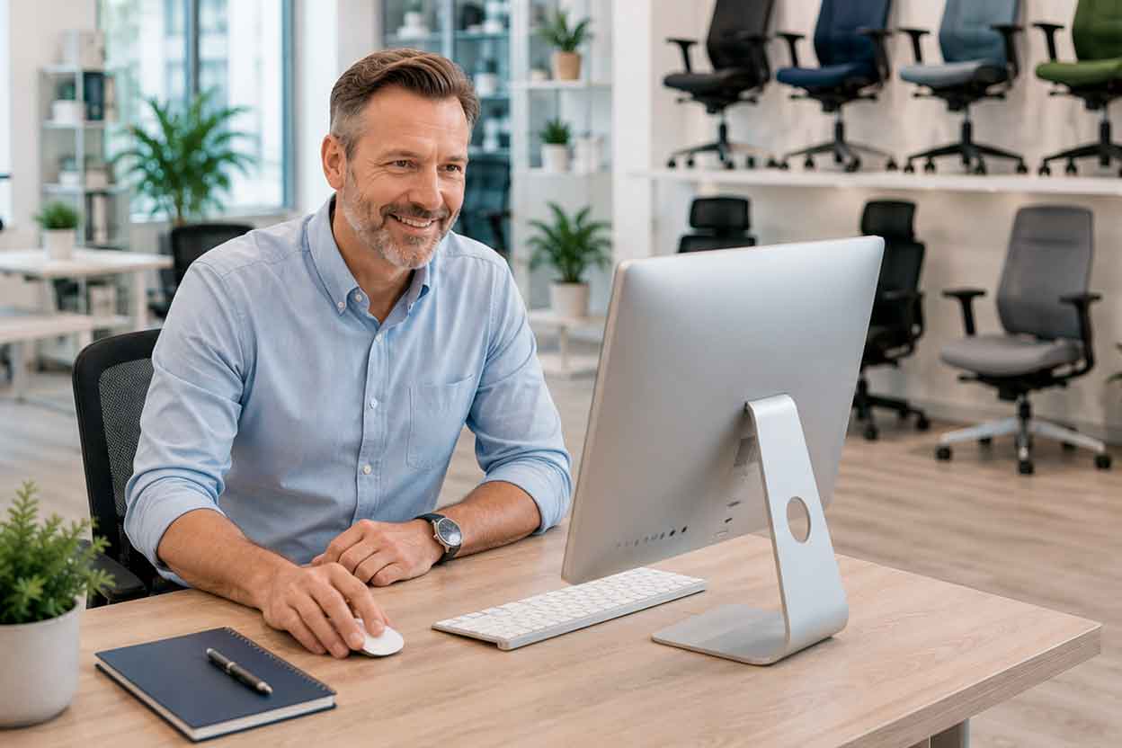 Mitarbeiter absolviert Schulung in einem modernen Fachgeschäft für ergonomische Büromöbel.
