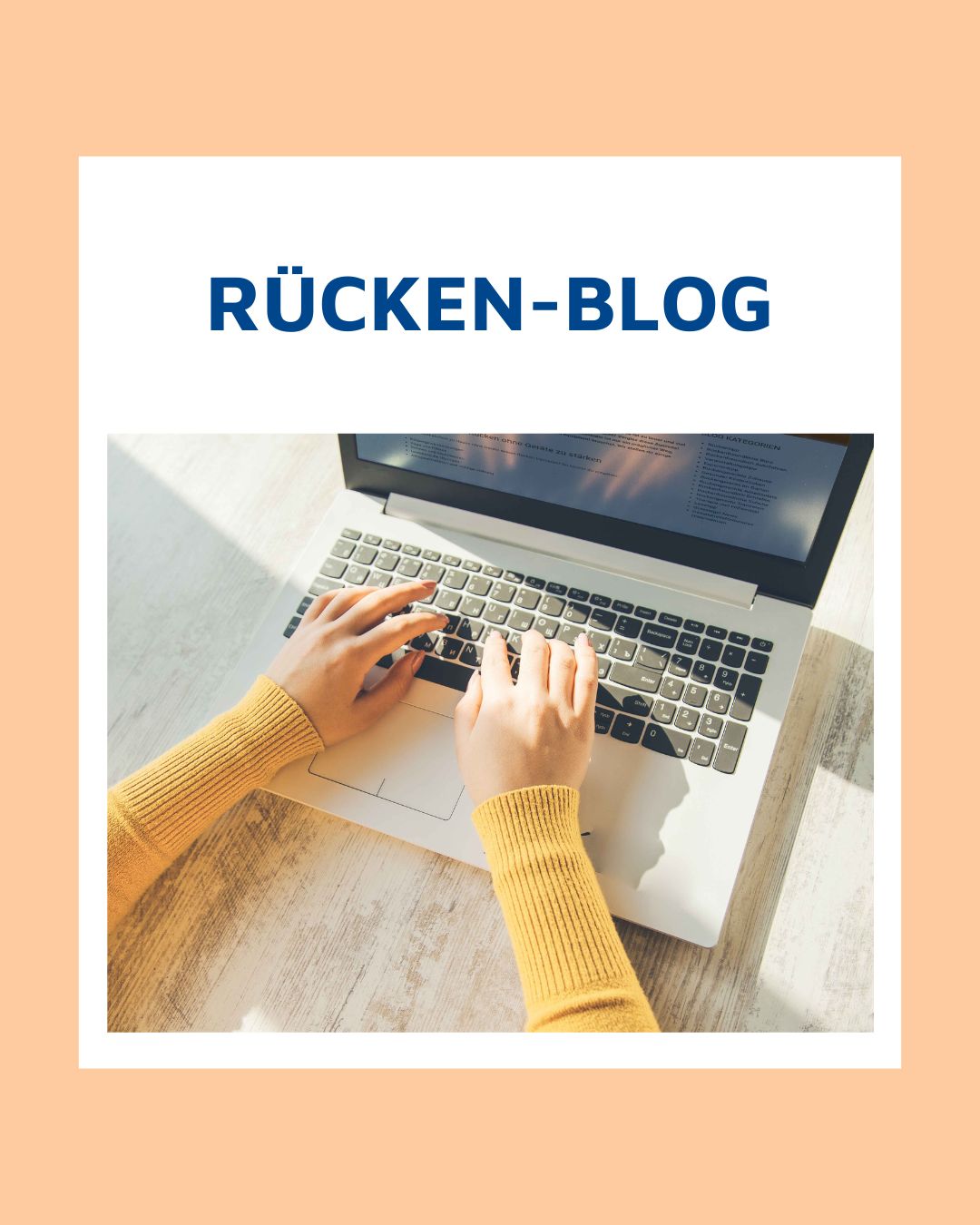 Grafik mit Schriftzug Rücken-Blog und Händen, die auf einem Laptop tippen.