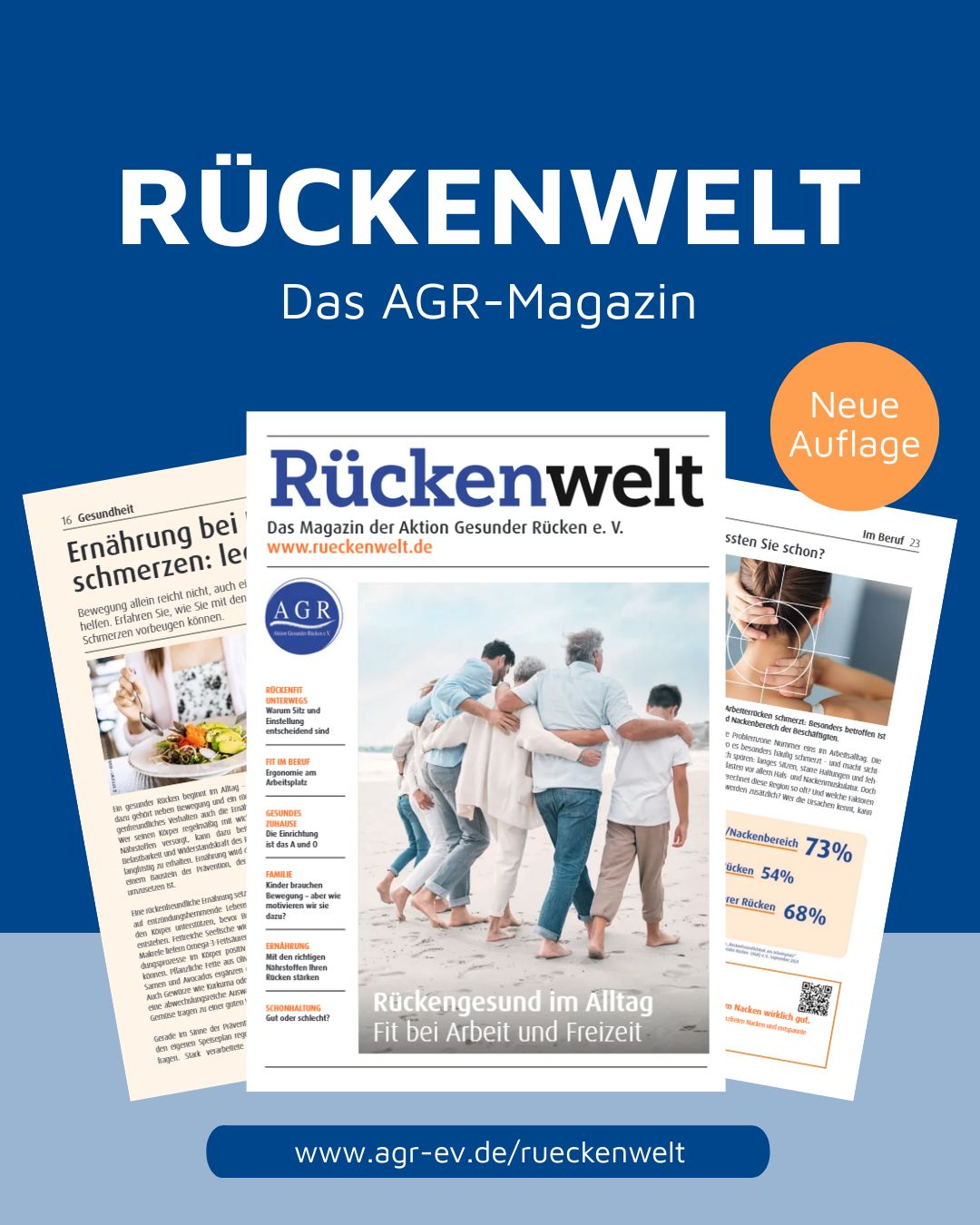 Titelseite des AGR-Magazins Rückenwelt mit neuer Auflage und Themen rund um Rückengesundheit im Alltag, Führt zu Blätterkatalog Rückenwelt. 