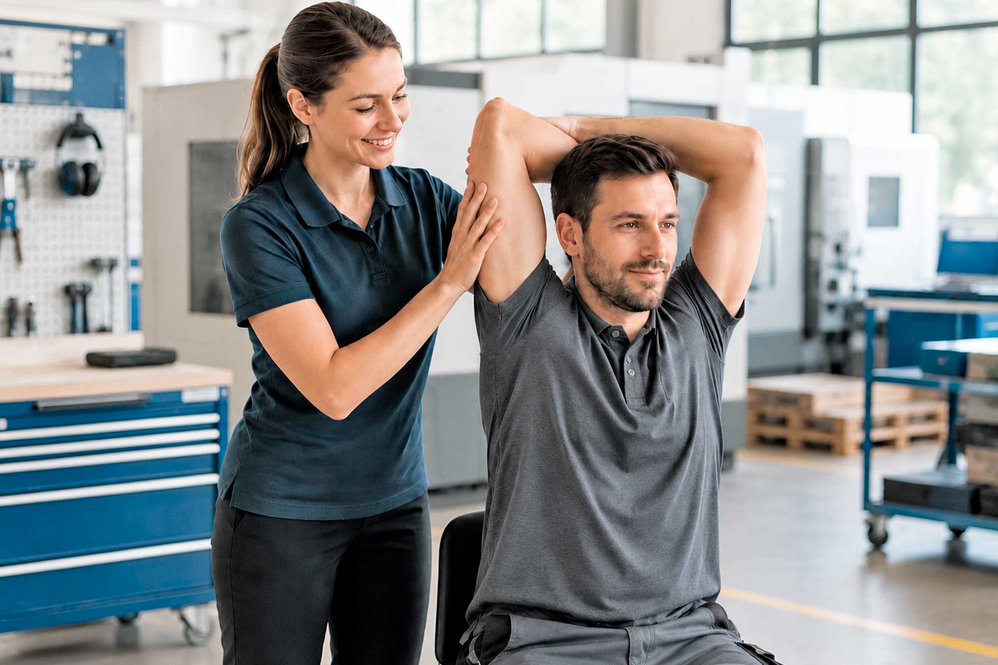 Physiotherapeutin unterstützt einen Mitarbeiter in Arbeitskleidung bei einer Schulter- und Armdehnung in einer Werkstatt.