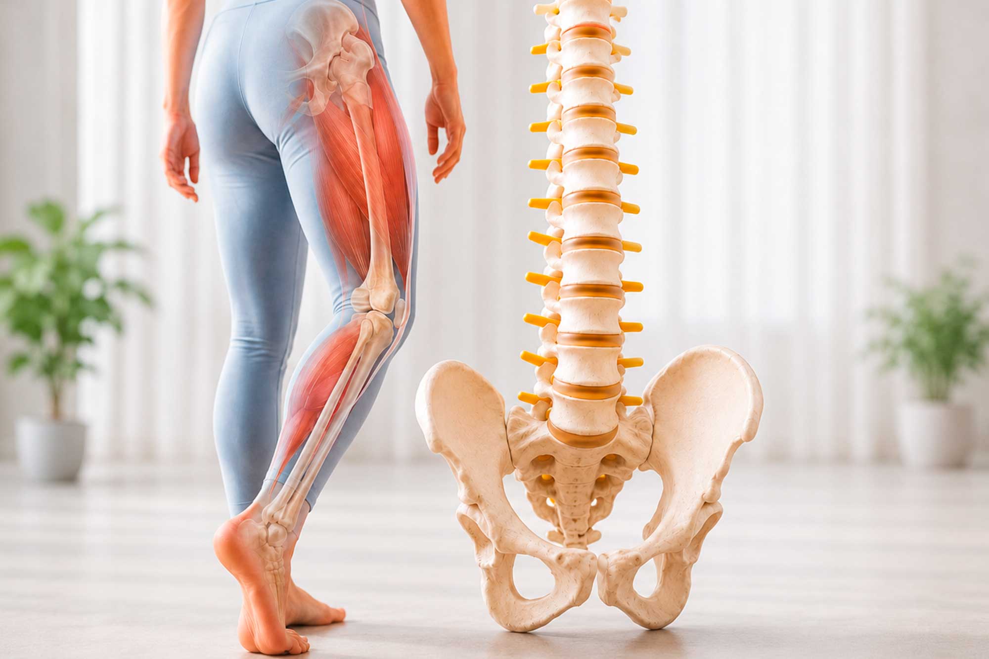 Anatomische Darstellung der Verbindung von Fuß, Hüfte, Becken und Wirbelsäule mit Muskel- und Skelettansicht.