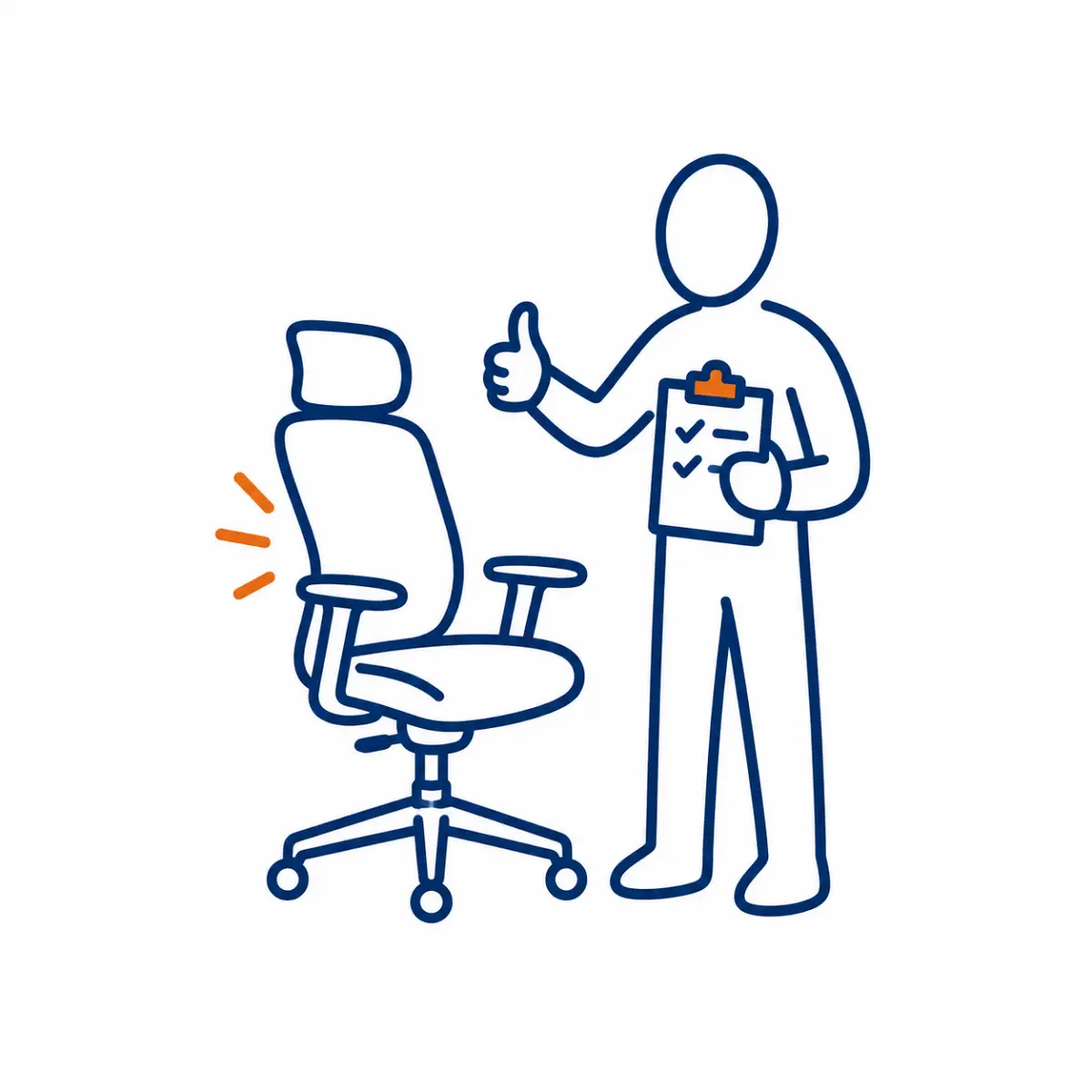 Fachperson prüft einen ergonomischen Bürostuhl anhand einer Checkliste.