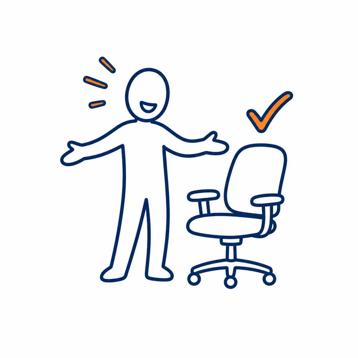 Zufriedene Person präsentiert einen geprüften ergonomischen Bürostuhl.