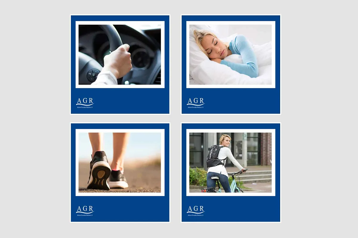 Bildercollage Lenkrad, schlafende Frau, Schuhe und Fahrrad