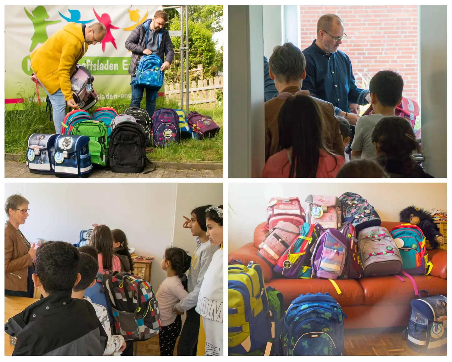 AGR spendet 18 Schulranzen für Nachbarschafts- und Stadtteilladen Bremervörde Bildercollage bei der Übergabe von Schulranzen durch die AGR bei dem Stadtteilladen Bremervörde mit Kindern.