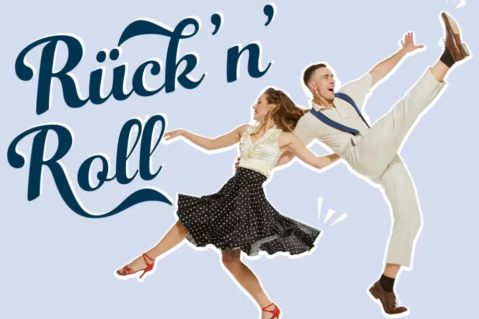 Schriftzug „Rück’n’Roll“ mit tanzendem Paar – Motto zum Tag der Rückengesundheit.